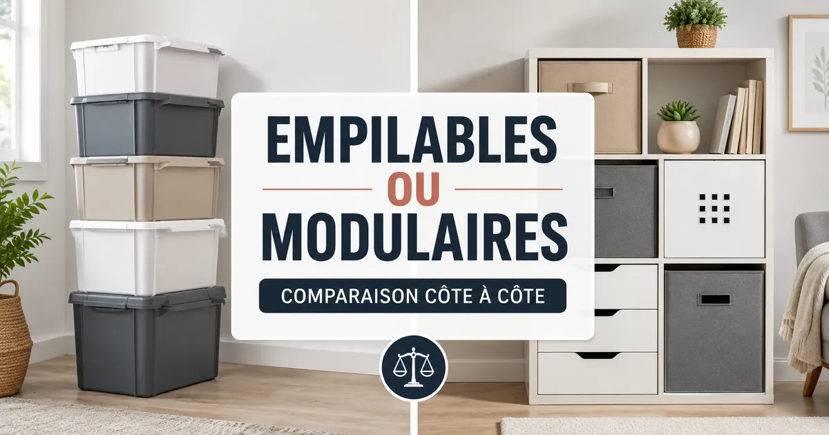 Produits de rangement pour la maison empilables et modulaires présentés côte à côte