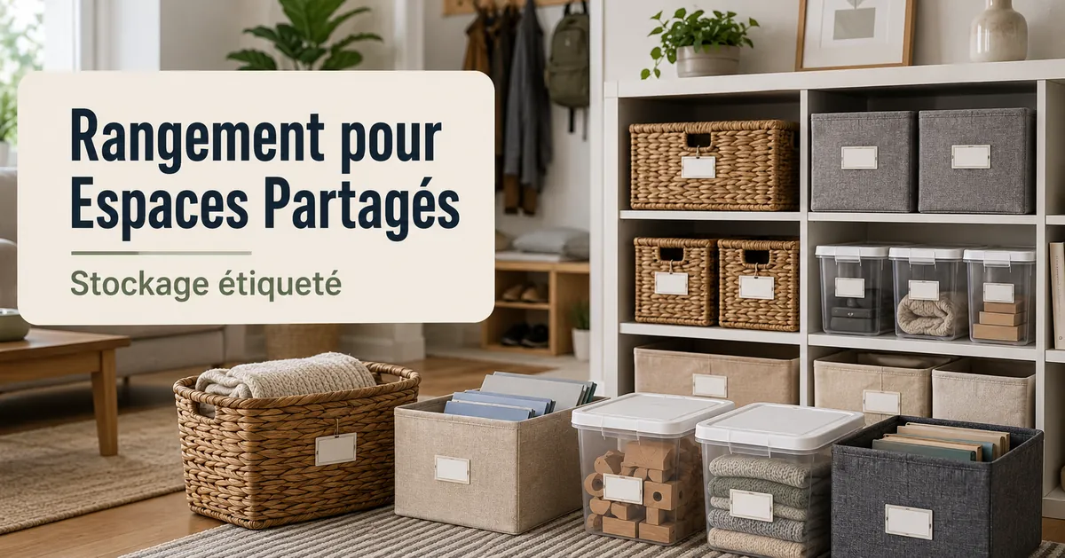 Produits de rangement pour la maison étiquetés et disposés pour des espaces partagés