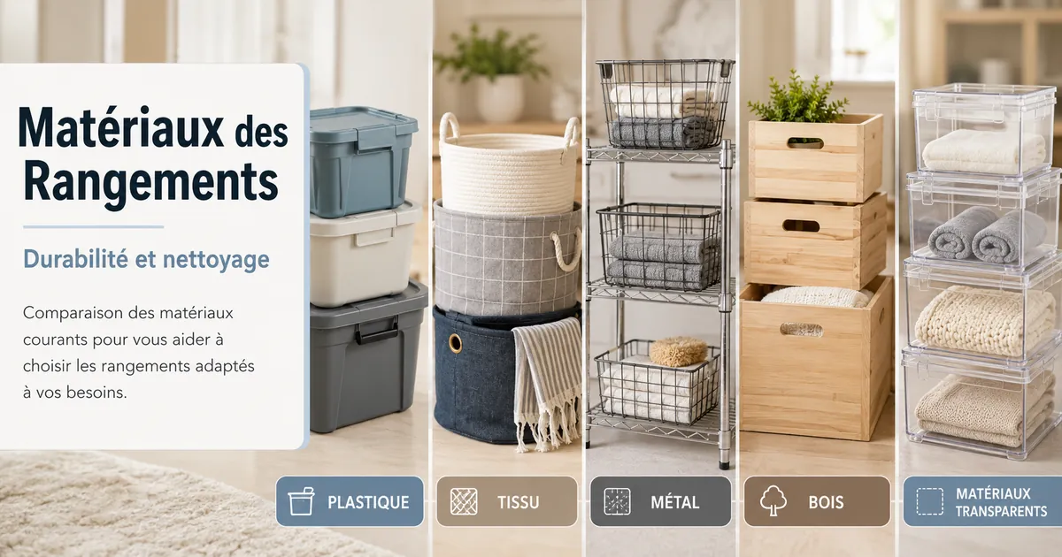 Produits de rangement pour la maison en plastique, tissu, métal, bois et matériaux transparents