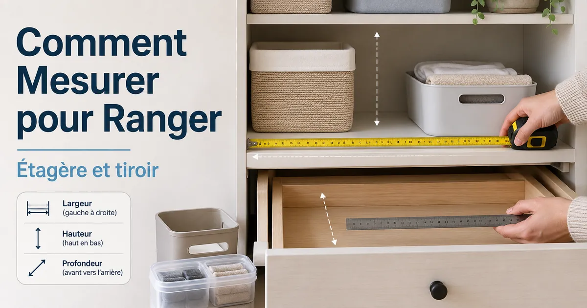 Mesure d’une étagère et d’un tiroir avant le choix de produits de rangement pour la maison
