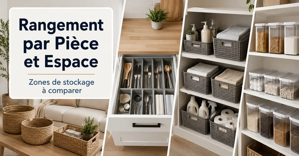 Produits de rangement pour la maison placés dans différentes pièces et zones de stockage