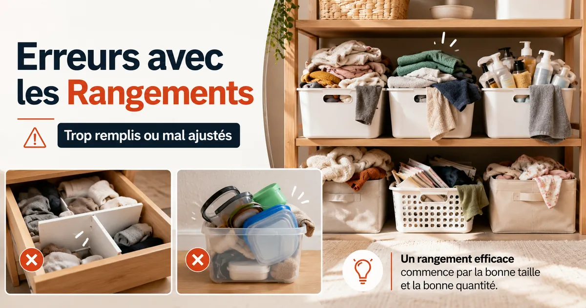 Produits de rangement pour la maison trop remplis ou mal ajustés montrant des erreurs de stockage fréquentes