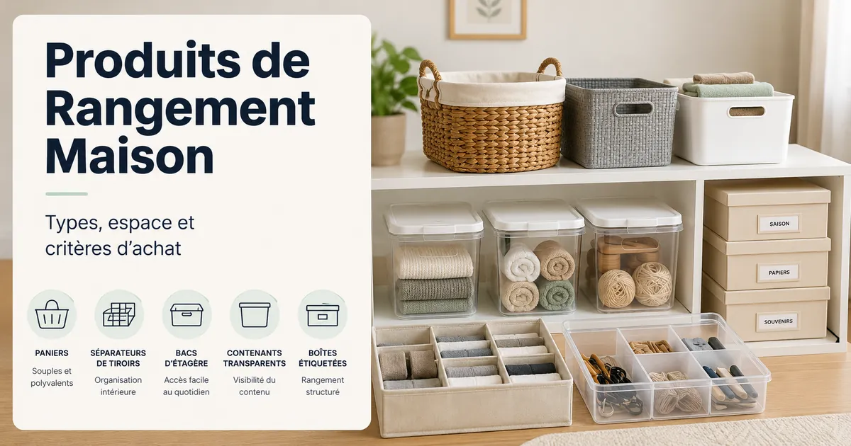 Produits de rangement pour la maison classés par type, taille et usage dans chaque pièce