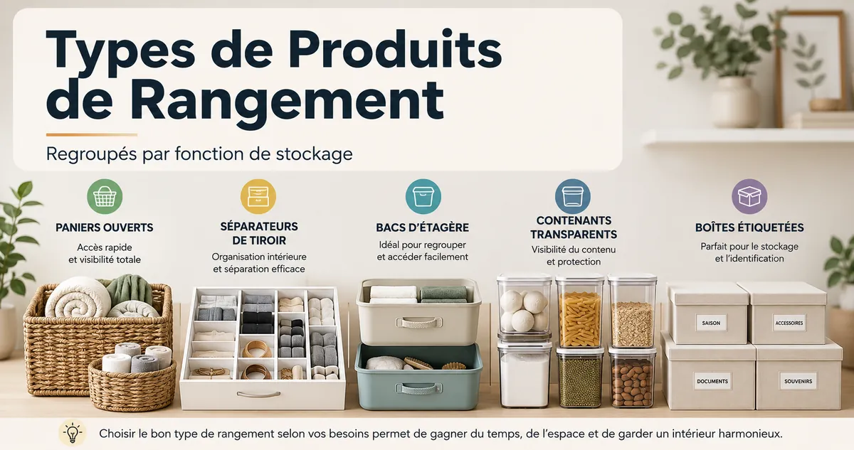 Différents types de produits de rangement pour la maison regroupés par fonction de stockage