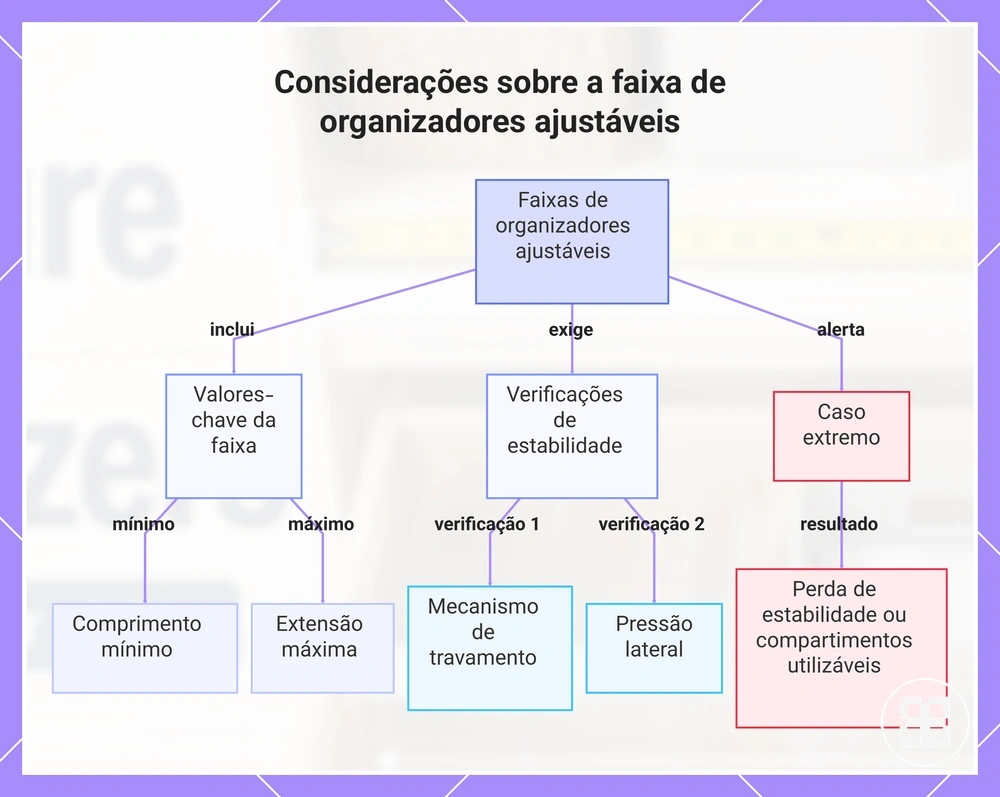 Considerações sobre a faixa de organizadores ajustáveis
