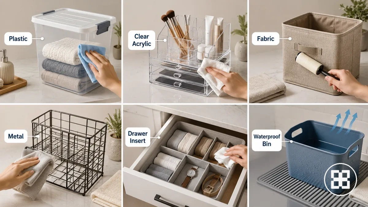Métodos de limpeza comparados por material do organizador doméstico.