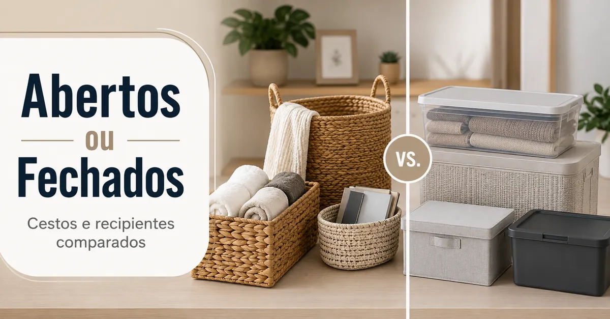 Cestos abertos e recipientes fechados usados como produtos para organização da casa