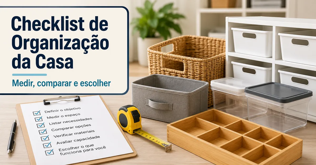 Checklist ao lado de produtos para organização da casa para medir, comparar e escolher opções de armazenamento