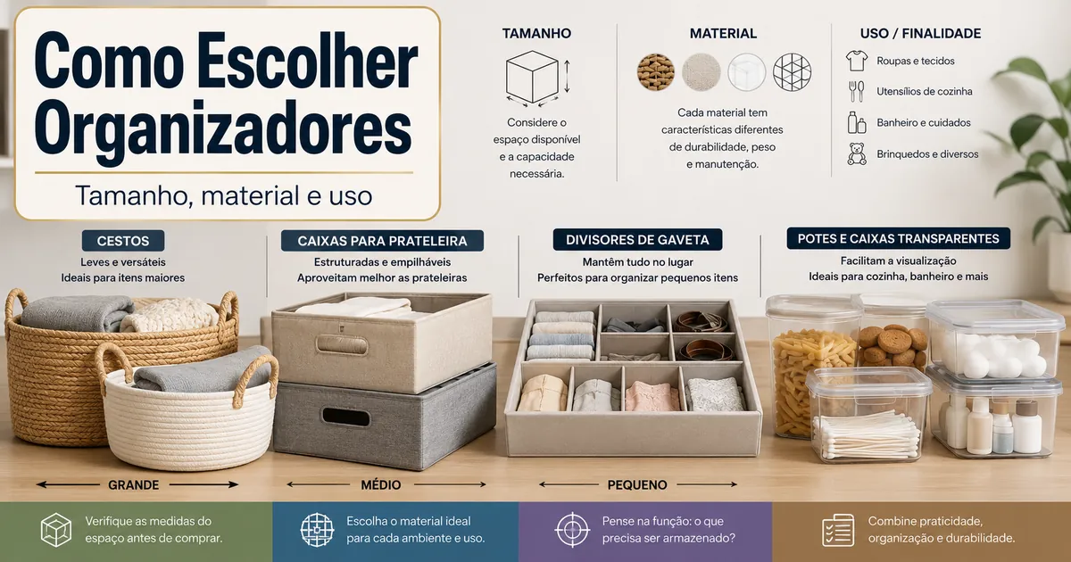 Produtos para organização da casa comparados por tamanho, material e finalidade de armazenamento