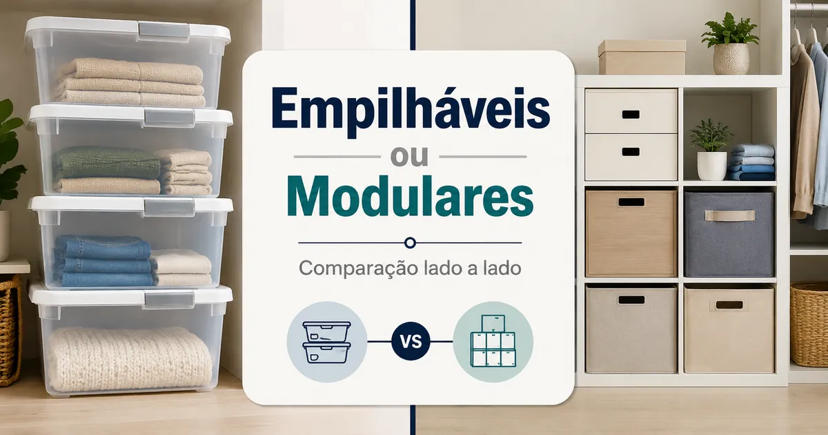 Produtos para organização da casa empilháveis e modulares mostrados lado a lado