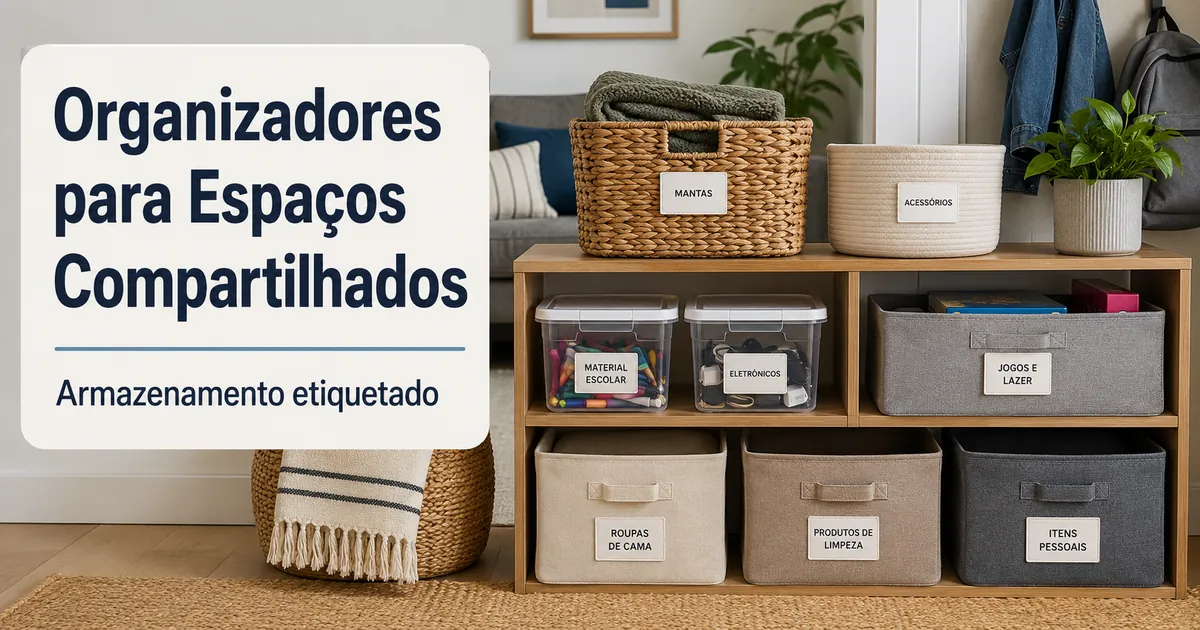 Produtos para organização da casa etiquetados e arrumados para espaços compartilhados