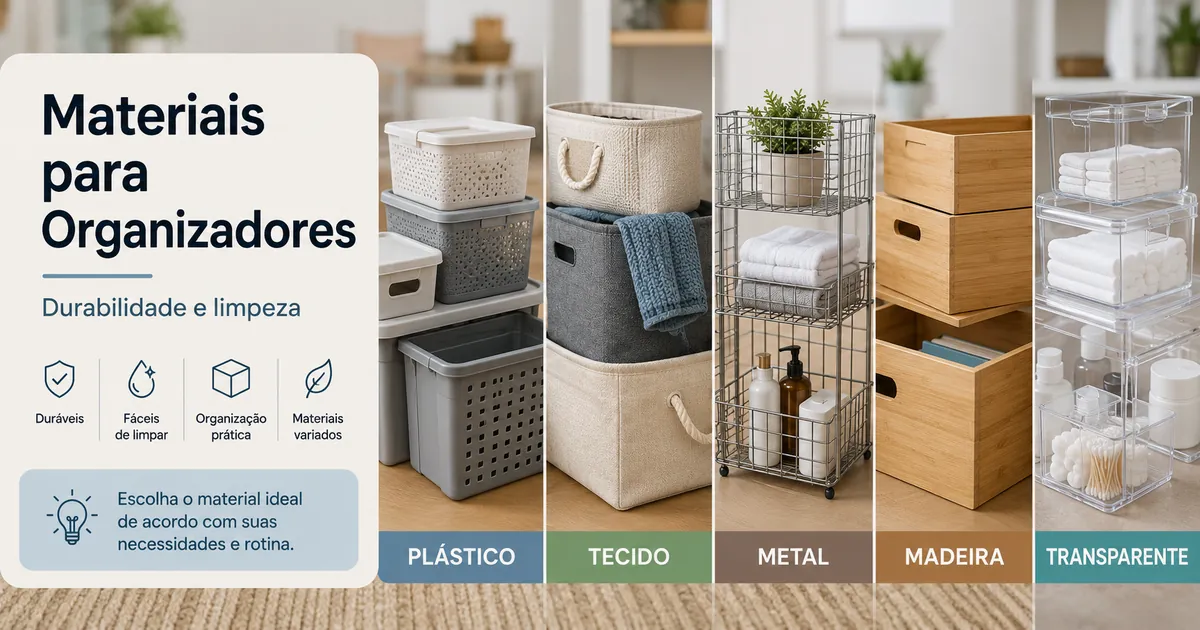 Produtos para organização da casa feitos de plástico, tecido, metal, madeira e materiais transparentes