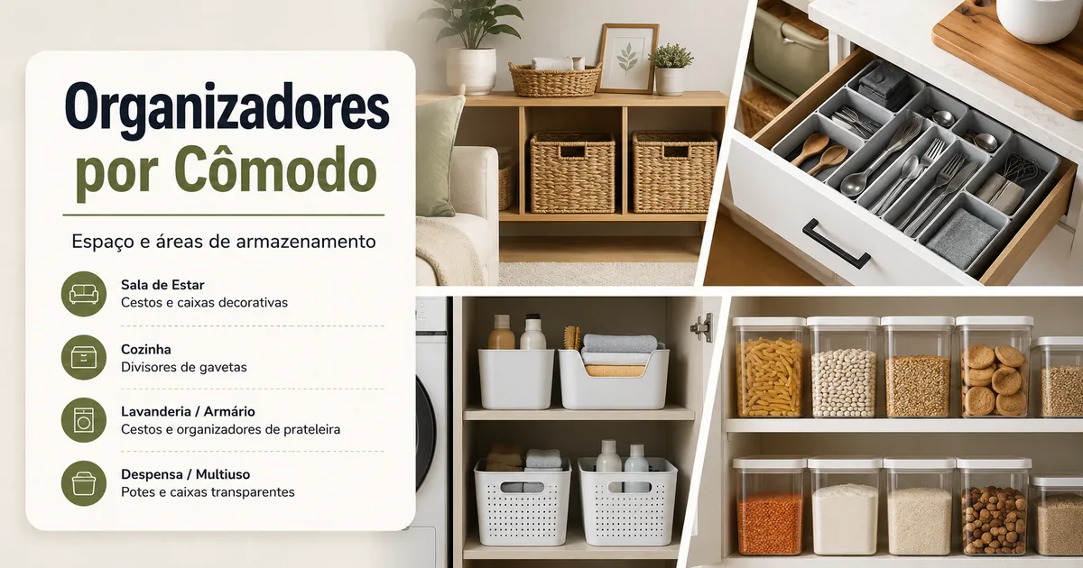 Produtos para organização da casa colocados em diferentes cômodos e áreas de armazenamento