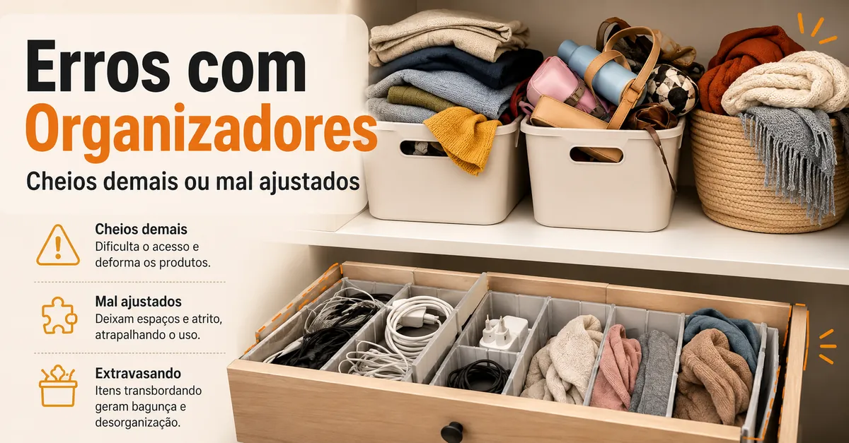 Produtos para organização da casa cheios demais ou mal ajustados mostrando erros comuns de armazenamento