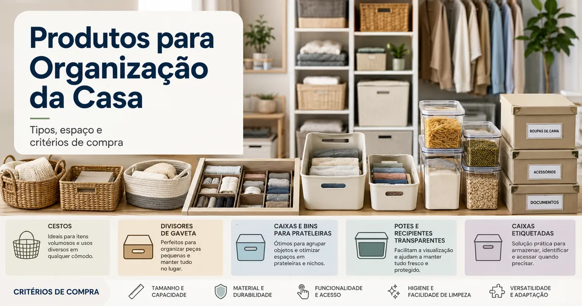 Produtos para organização da casa separados por tipo, tamanho e uso em cada cômodo