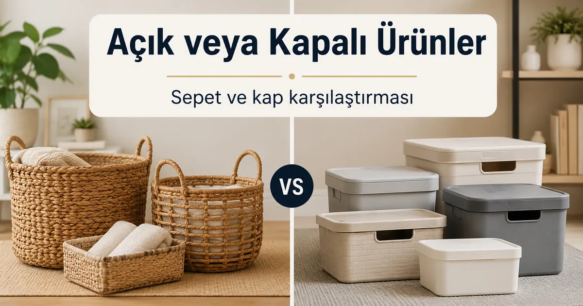 Ev düzenleme ürünü olarak kullanılan açık sepetler ve kapalı saklama kapları