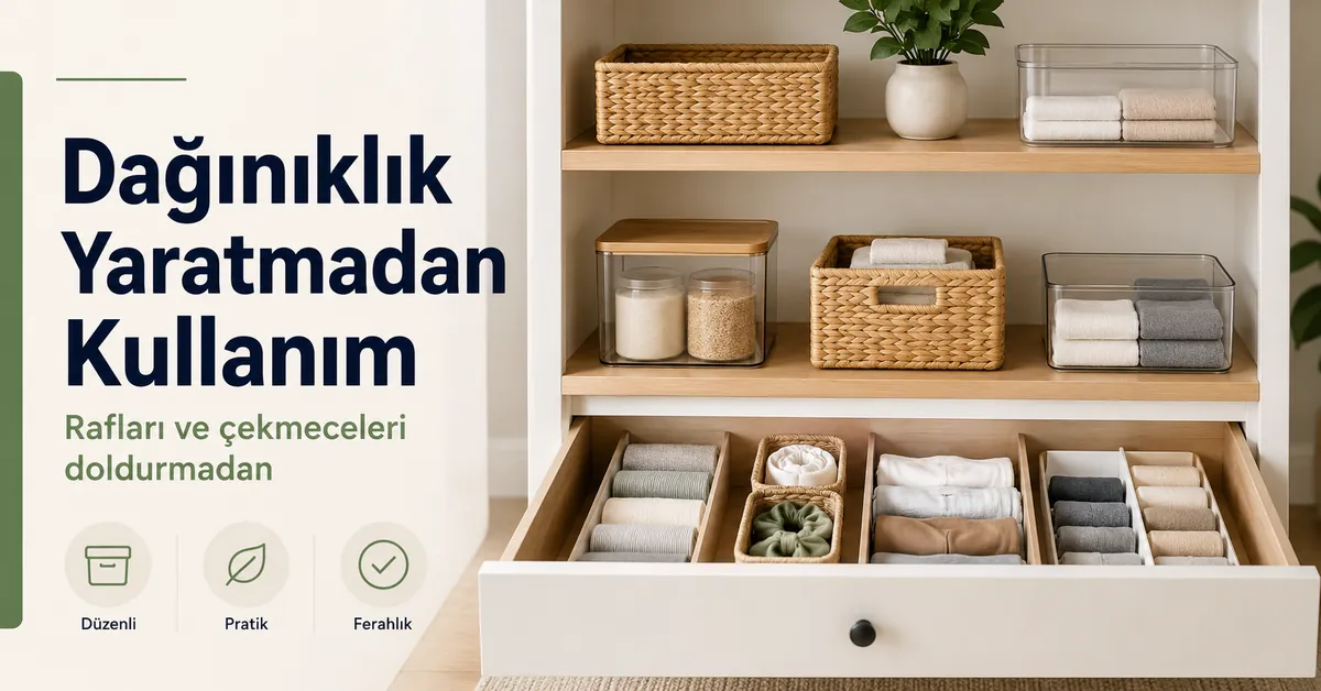 Rafları veya çekmeceleri doldurmadan düzenli şekilde kullanılan ev düzenleme ürünleri