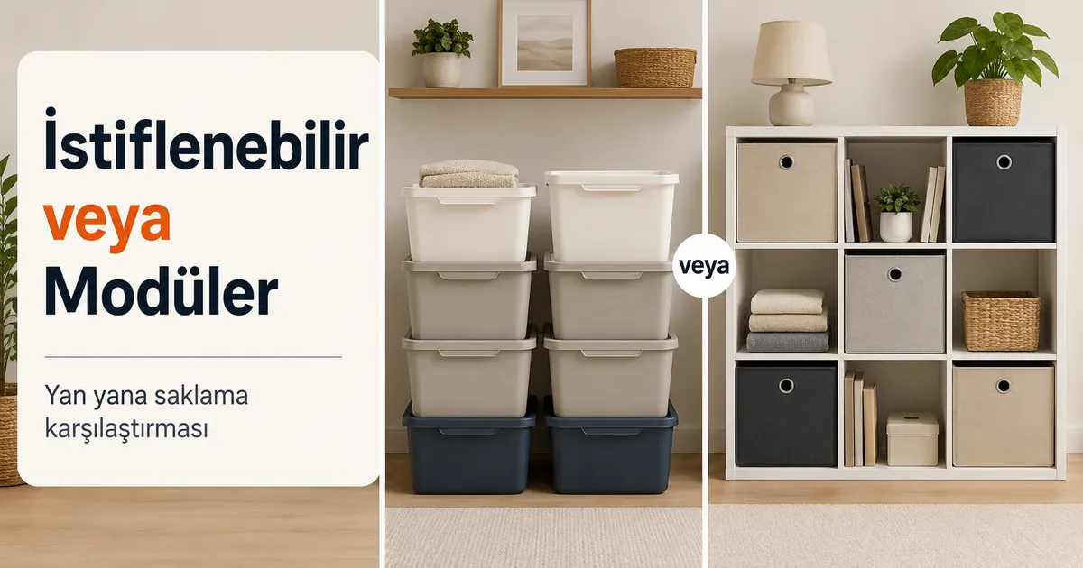 Yan yana gösterilen istiflenebilir ve modüler ev düzenleme ürünleri