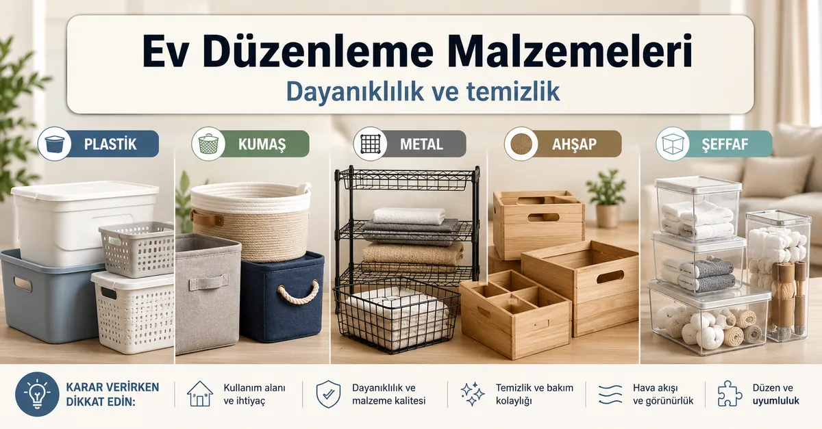 Plastik, kumaş, metal, ahşap ve şeffaf malzemelerden yapılmış ev düzenleme ürünleri