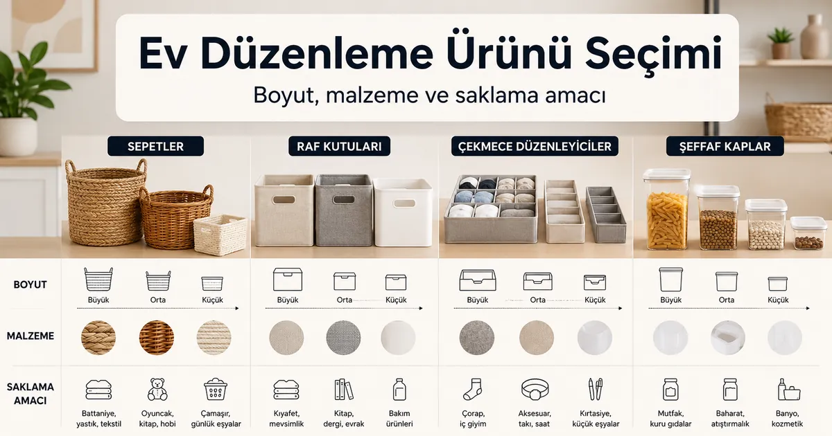 Boyut, malzeme ve saklama amacına göre karşılaştırılan ev düzenleme ürünleri