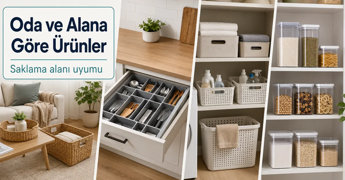 Farklı odalara ve saklama alanlarına yerleştirilmiş ev düzenleme ürünleri