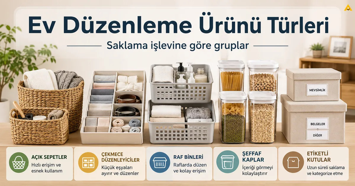 Saklama işlevine göre gruplandırılmış farklı ev düzenleme ürünü türleri