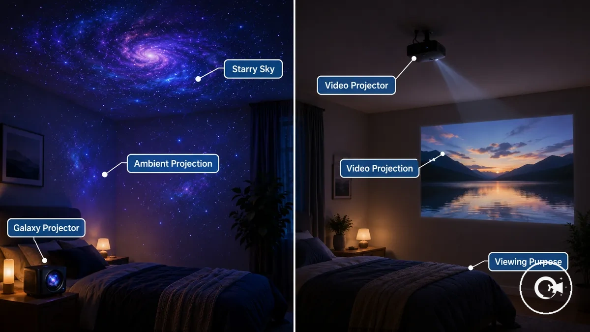 مقارنة بين جهاز عرض Galaxy وجهاز عرض فيديو لسقف غرفة النوم