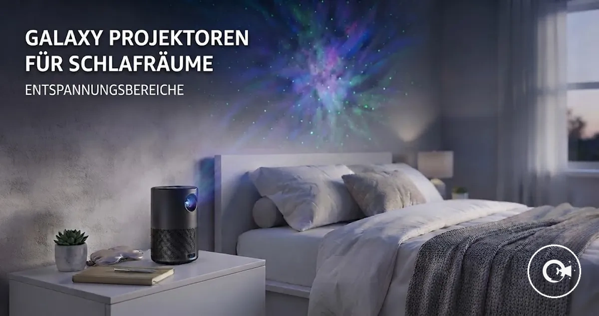 Galaxy Projektor mit stimmungsvoller Beleuchtung in einem Schlafzimmer