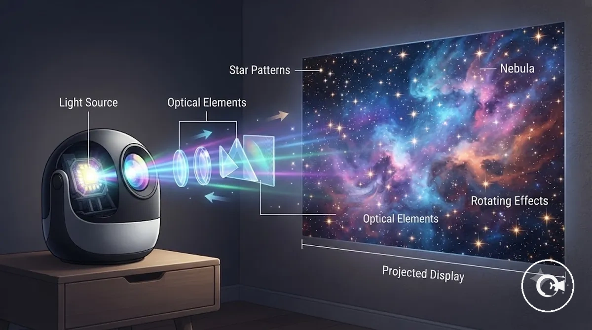 Diagramm, das erklärt, wie ein Galaxy Projektor Stern- und Nebeleffekte erzeugt