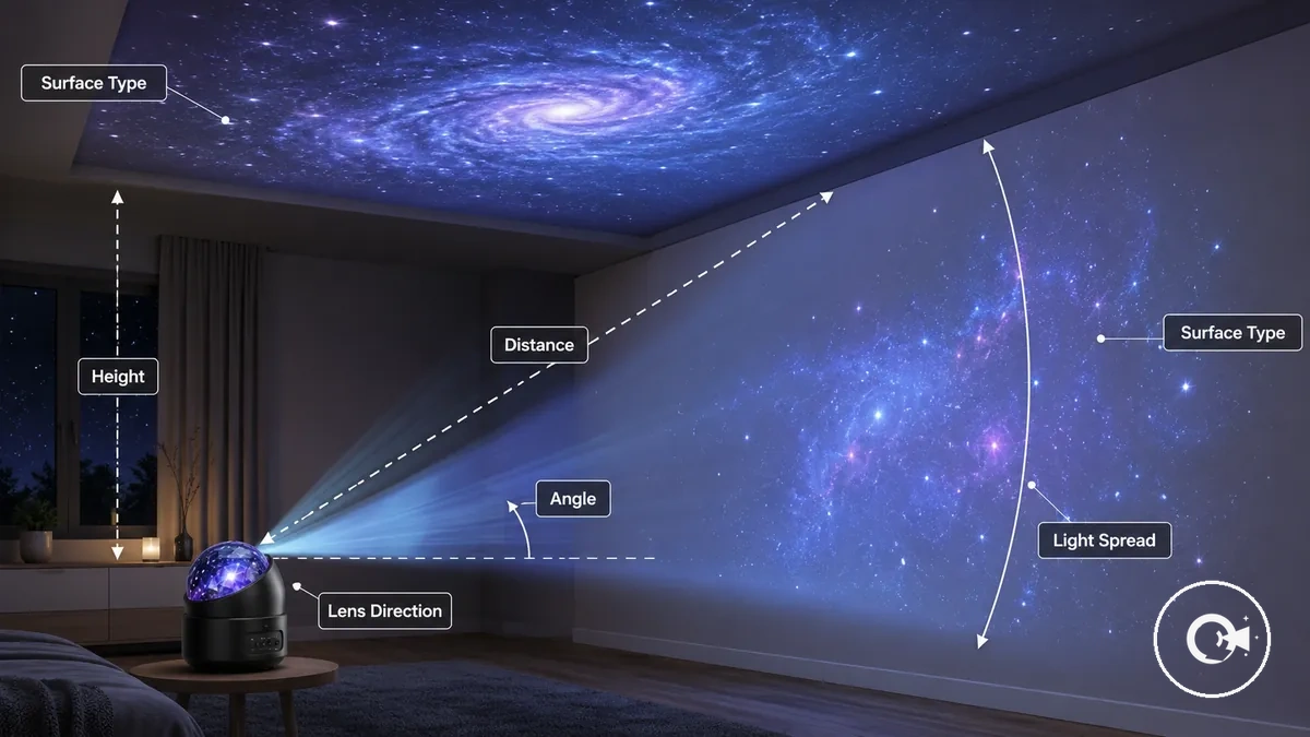Diagram showing how galaxy projector placement changes room coverage