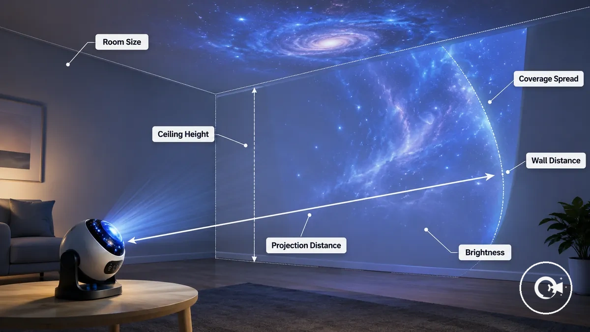 Diagram of galaxy projector room size and projection distance