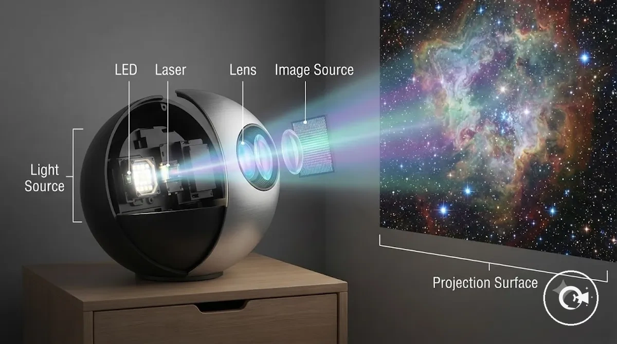 Annotated galaxy projector components showing light source and optical system