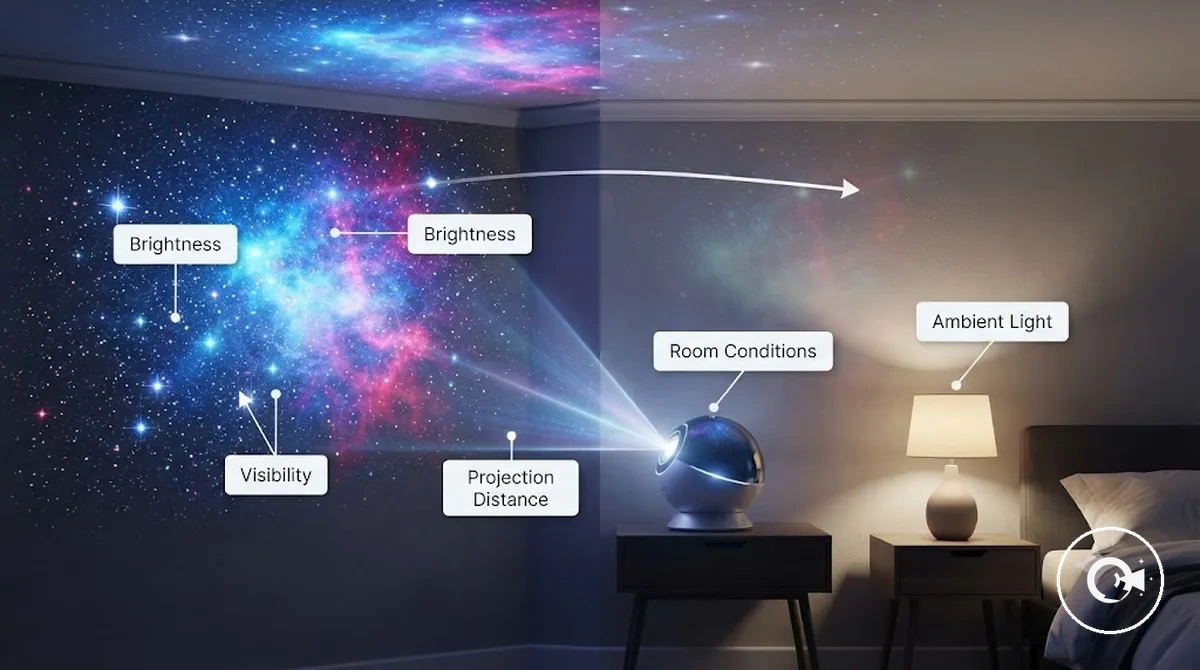 Galaxy projector showing projection coverage across a room surface
