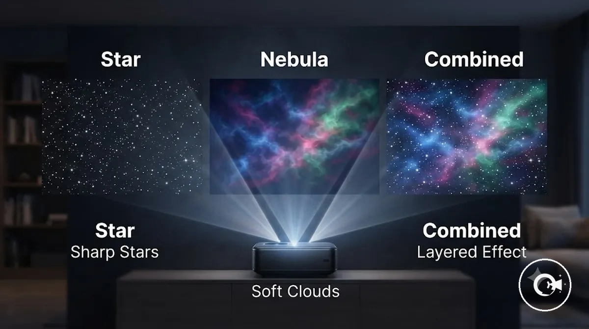 Galaxy projector projection styles comparing star and nebula effects
