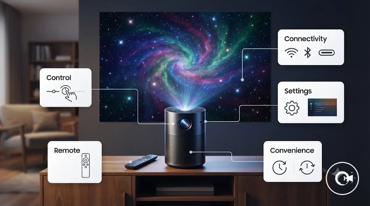 Galaxy projector showing controls and convenience features in a room setup