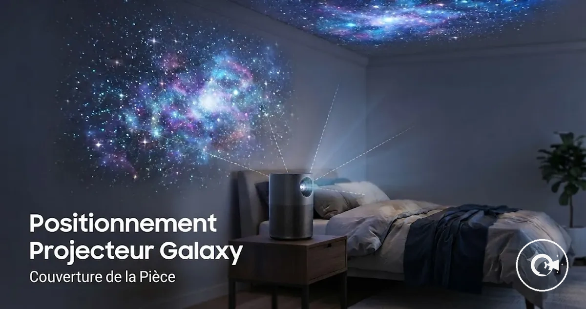 Positionnement d'un Projecteur Galaxy montrant la projection sur plafond et murs
