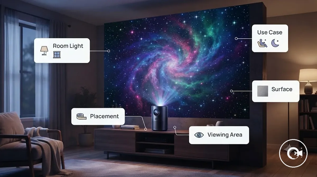 Placement d un projecteur Galaxy montrant les conditions de la pièce et l environnement de visualisation