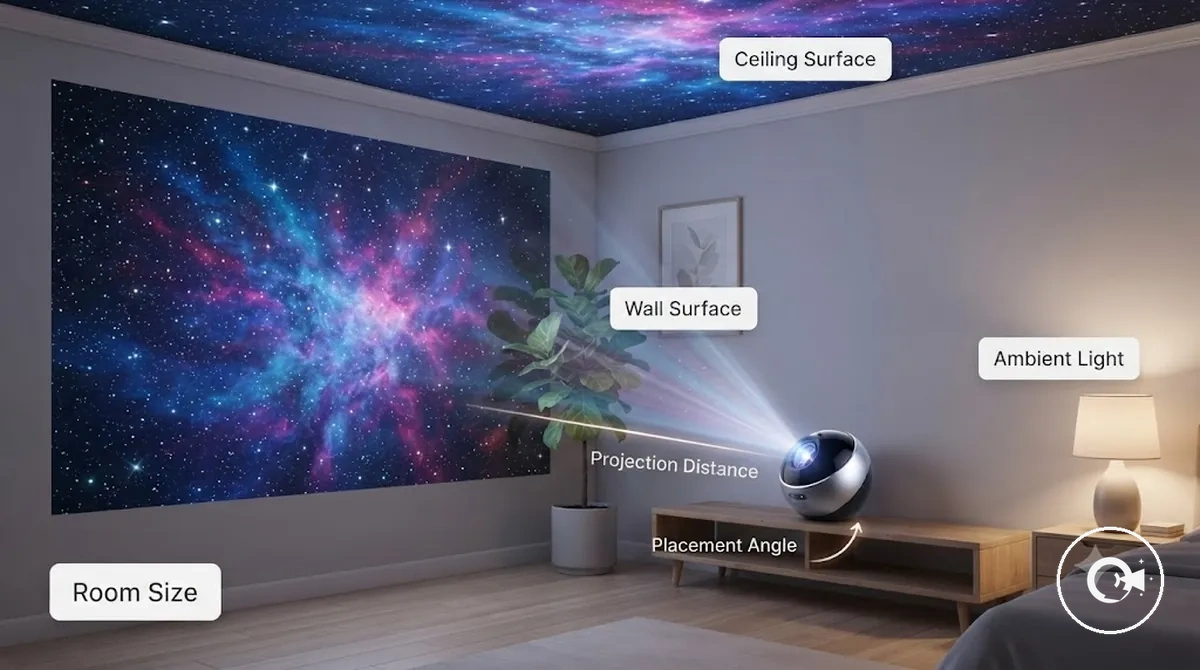 Placement d un projecteur galaxy montrant la distance de projection et la couverture du plafond dans une chambre
