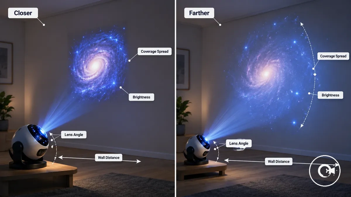 Graphique comparatif montrant la distance au mur et la répartition de la couverture du projecteur Galaxy