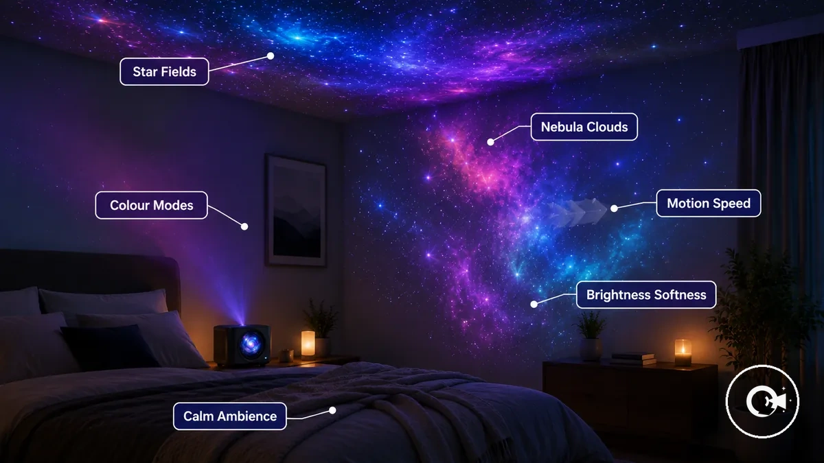 Projecteur Galaxy créant des effets d étoiles et de nébuleuse sur un plafond de chambre