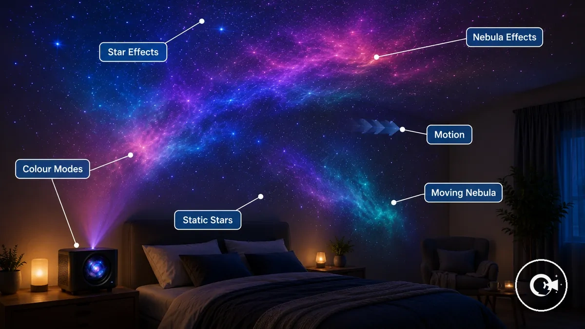 Effets de projecteur Galaxy annotés montrant les étoiles, la couleur de la nébuleuse et le mouvement sur un plafond de chambre