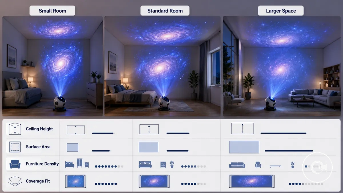 Graphique comparatif de la couverture du projecteur Galaxy dans les petites pièces, les chambres et les grands espaces