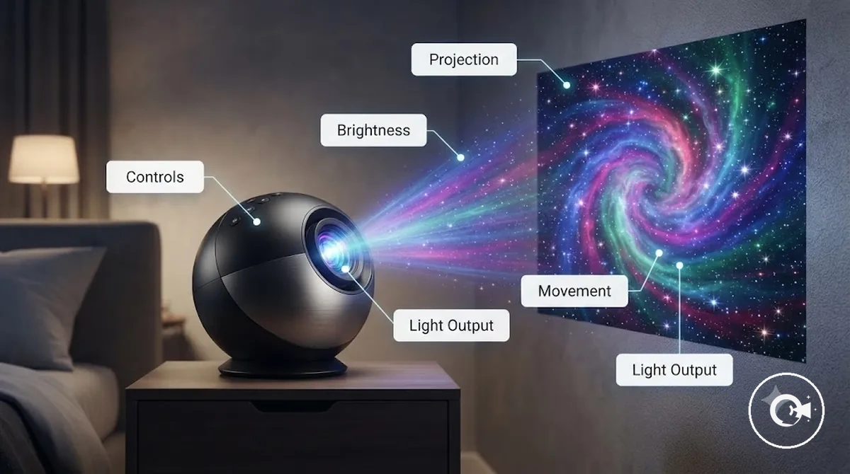 Spécifications d'un projecteur Galaxy montrant les catégories de fonctionnalités principales et les commandes