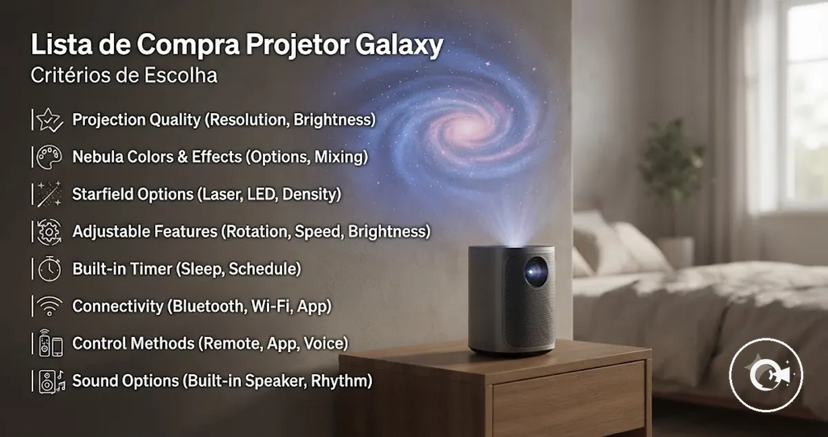 Lista de compra de um Projetor Galaxy com critérios de escolha