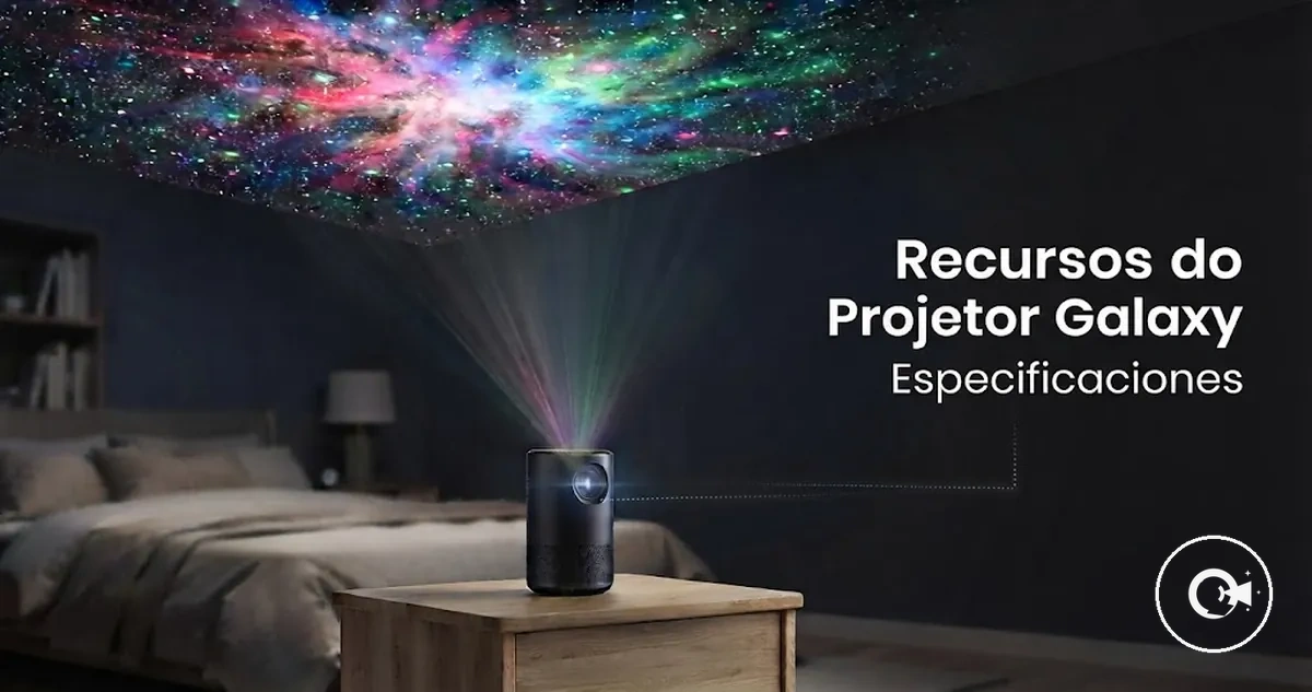 Projetor Galaxy mostrando controles e recursos de projeção