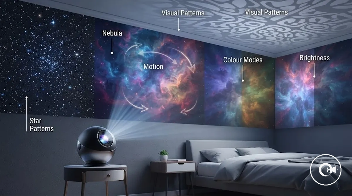 Projetor galaxy mostrando diferentes efeitos de projeção de estrelas e nebulosas