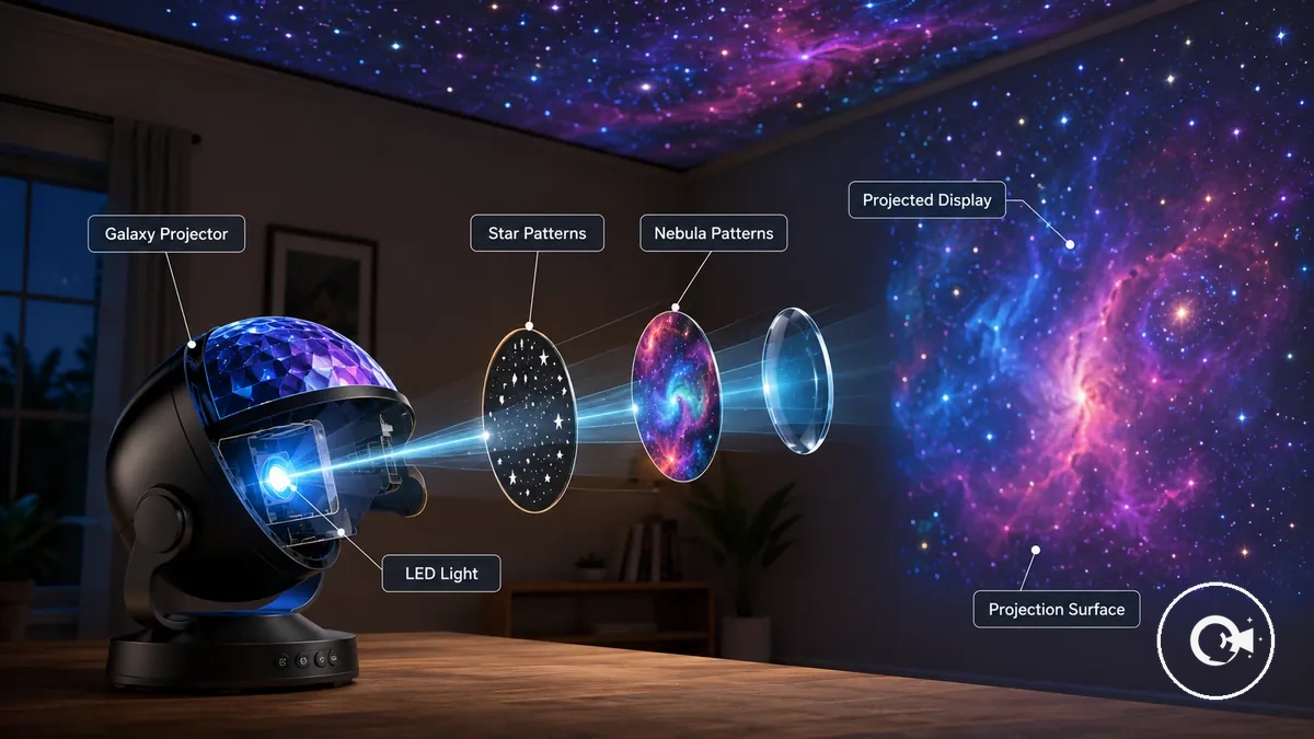 Dispositivo projetor galaxy criando padrões de luz celestial em uma parede