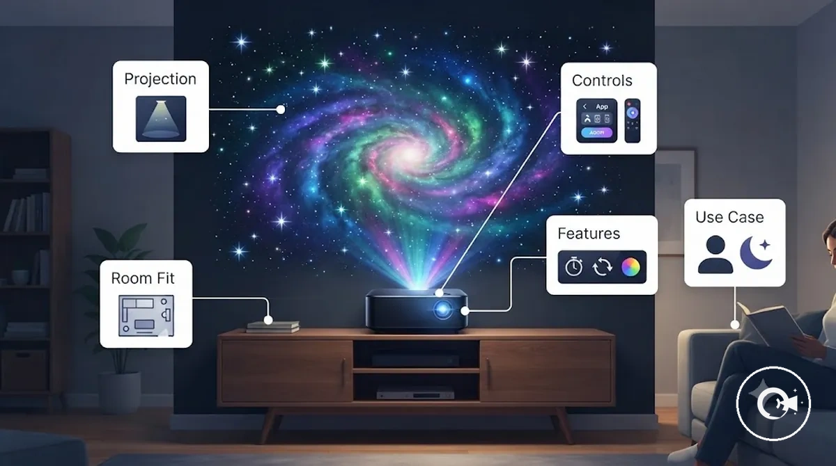 Galaxy projektörün bir oda ortamında özellik ve seçim unsurlarını gösteren görüntüsü