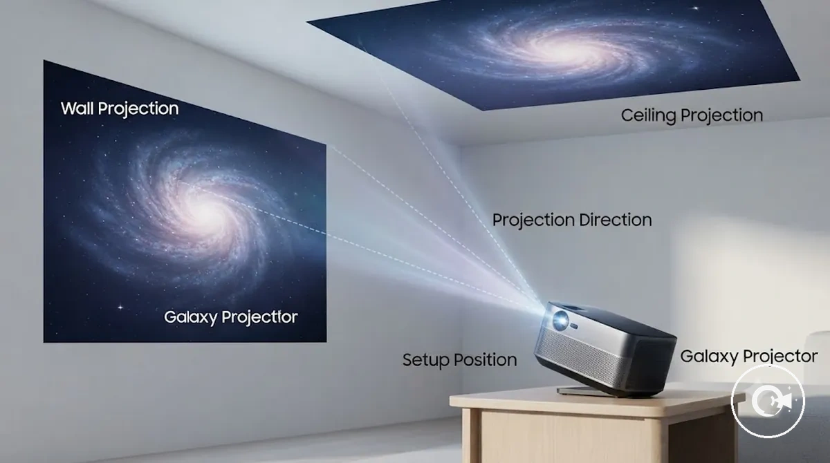 Duvar ve tavan projeksiyonu kurulumu için konumlandırılmış Galaxy Projektör
