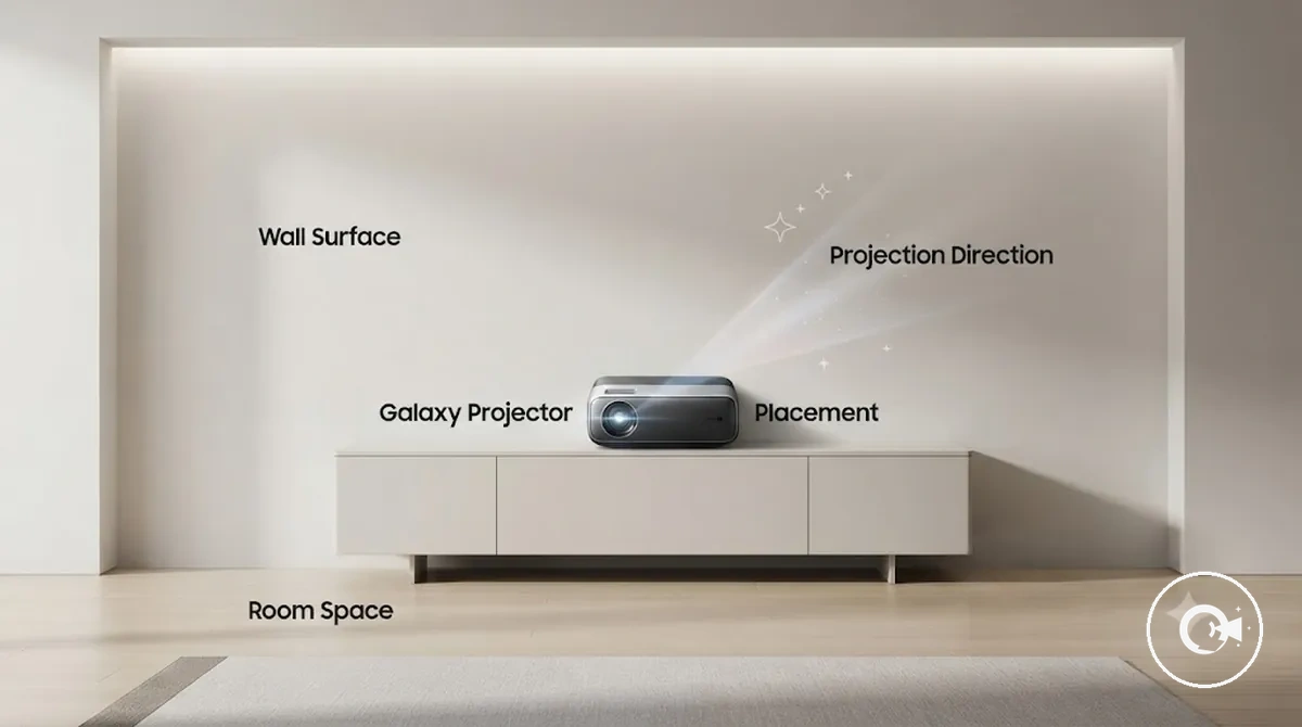 Projeksiyon kurulumu için bir odada konumlandırılmış Galaxy Projektör